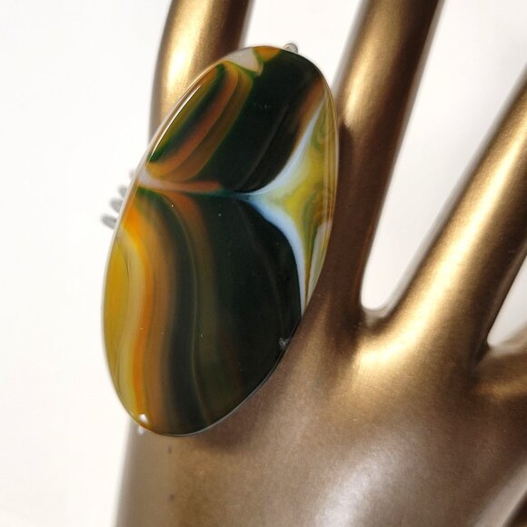 Yellow and Green Agate Ring Adjustable Band Handmade Semi Precious Ring - Picture 1 of 10